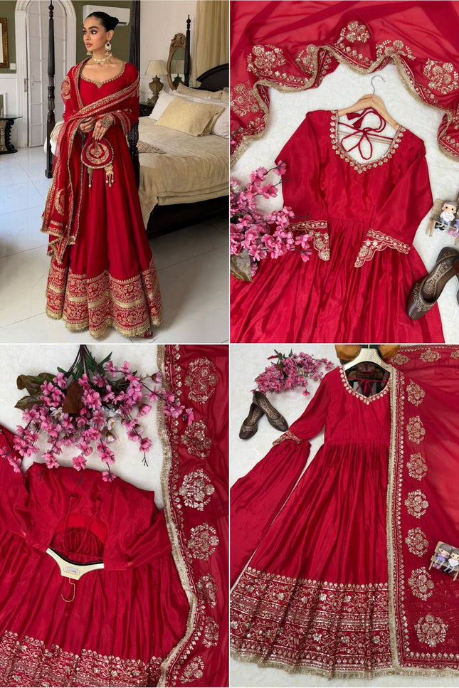 Chinon Silk Anarkali Gown With Zari Work | Perfect For Ethnic Wear - Rosepetals Luxe