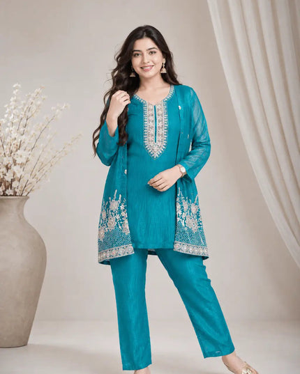 Chinon Silk Beads Work Kurti Palazzo Set | Festive Ethnic Wear for Women - Rosepetals Luxe