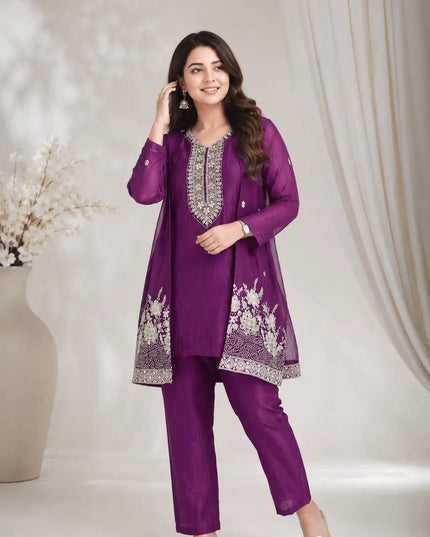 Chinon Silk Beads Work Kurti Palazzo Set | Festive Ethnic Wear for Women - Rosepetals Luxe