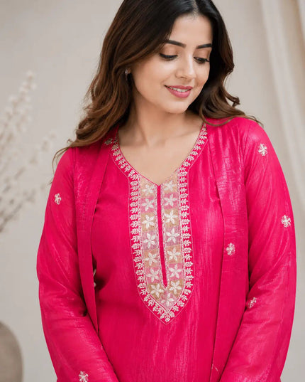 Chinon Silk Beads Work Kurti Palazzo Set | Festive Ethnic Wear for Women - Rosepetals Luxe