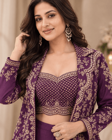 Chinon Silk Embroidered Choli Jacket Palazzo Set | Festive Ethnic Wear for Women - Rosepetals Luxe