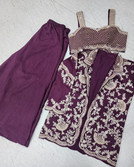 Chinon Silk Embroidered Choli Jacket Palazzo Set | Festive Ethnic Wear for Women - Rosepetals Luxe