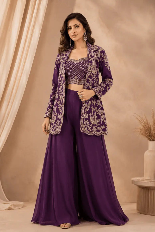 Chinon Silk Embroidered Choli Jacket Palazzo Set | Festive Ethnic Wear for Women - Rosepetals Luxe