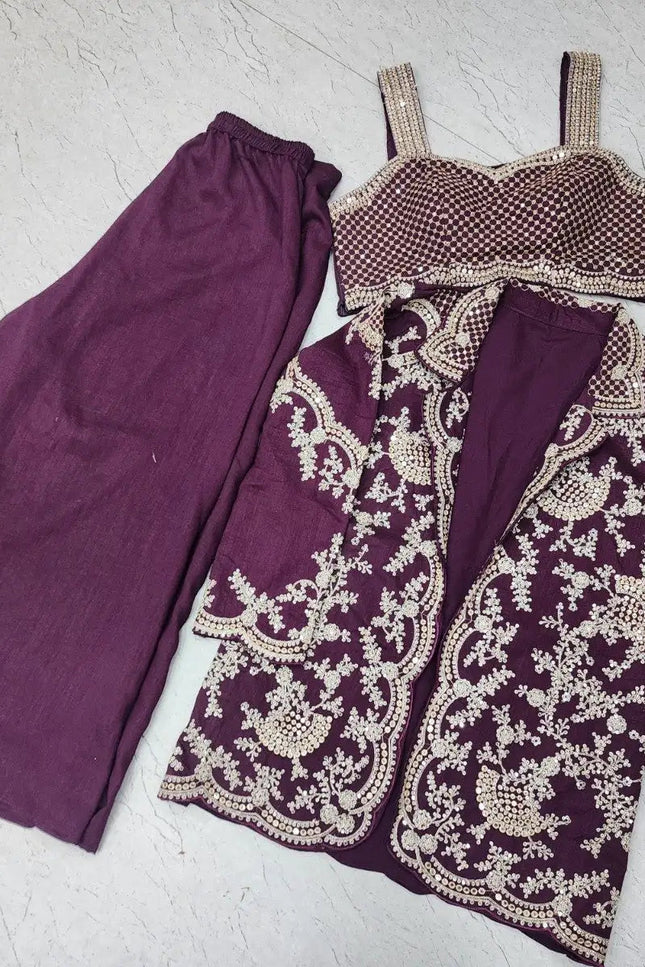 Chinon Silk Embroidered Choli Jacket Palazzo Set | Festive Ethnic Wear for Women - Rosepetals Luxe