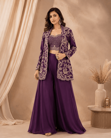 Chinon Silk Embroidered Choli Jacket Palazzo Set | Festive Ethnic Wear for Women - Rosepetals Luxe