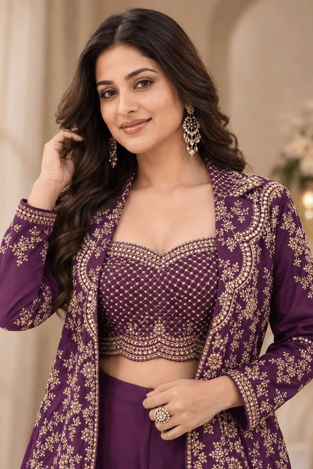 Chinon Silk Embroidered Choli Jacket Palazzo Set | Festive Ethnic Wear for Women - Rosepetals Luxe