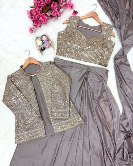 Chinon Silk Embroidered Jacket Lehenga Saree Set | Chinese Collar Koti with Blouse | Grey - Rosepetals Luxe