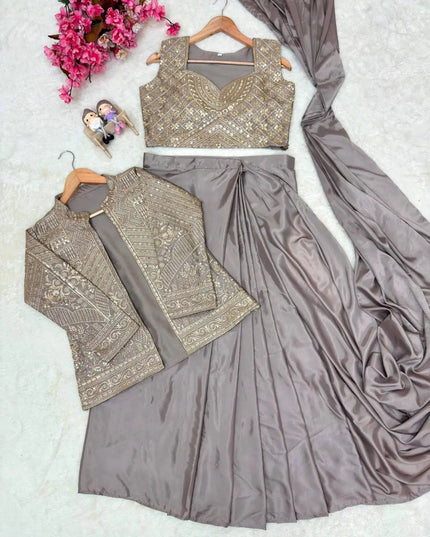 Chinon Silk Embroidered Jacket Lehenga Saree Set | Chinese Collar Koti with Blouse | Grey - Rosepetals Luxe