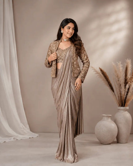 Chinon Silk Embroidered Jacket Lehenga Saree Set | Chinese Collar Koti with Blouse | Grey - Rosepetals Luxe