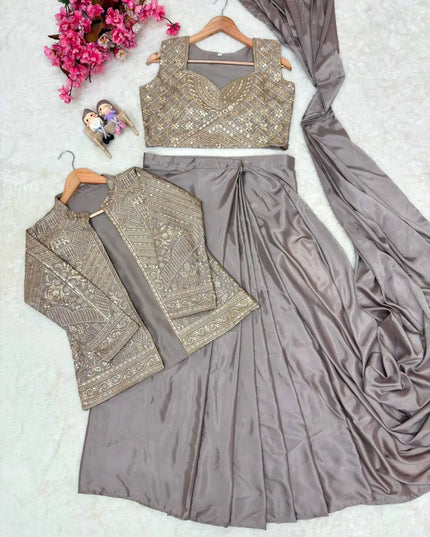 Chinon Silk Embroidered Jacket Lehenga Saree Set | Chinese Collar Koti with Blouse | Grey - Rosepetals Luxe