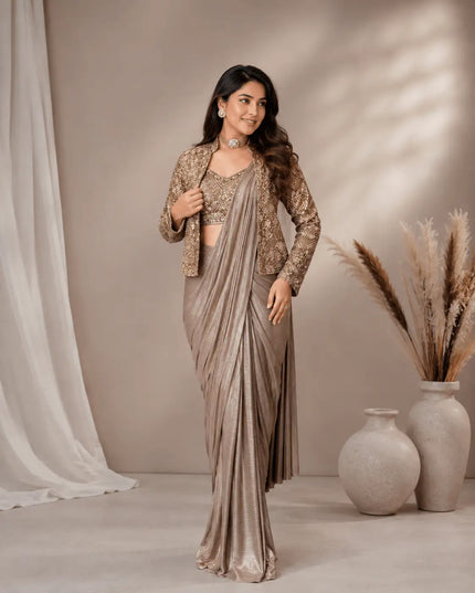 Chinon Silk Embroidered Jacket Lehenga Saree Set | Chinese Collar Koti with Blouse | Grey - Rosepetals Luxe