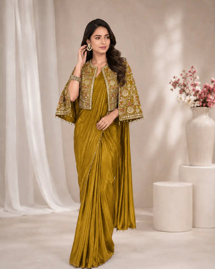 Chinon Silk Embroidered Jacket Lehenga Saree Set | Wedding & Festive Wear for Women - Rosepetals Luxe