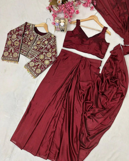 Chinon Silk Embroidered Jacket Lehenga Saree Set | Wedding & Festive Wear for Women - Rosepetals Luxe