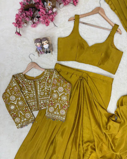 Chinon Silk Embroidered Jacket Lehenga Saree Set | Wedding & Festive Wear for Women - Rosepetals Luxe