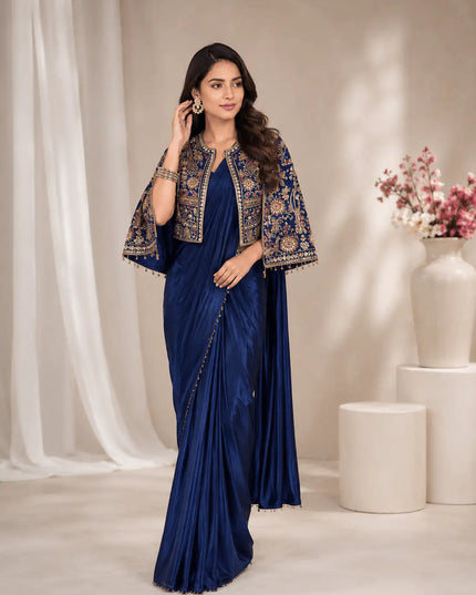 Chinon Silk Embroidered Jacket Lehenga Saree Set | Wedding & Festive Wear for Women - Rosepetals Luxe