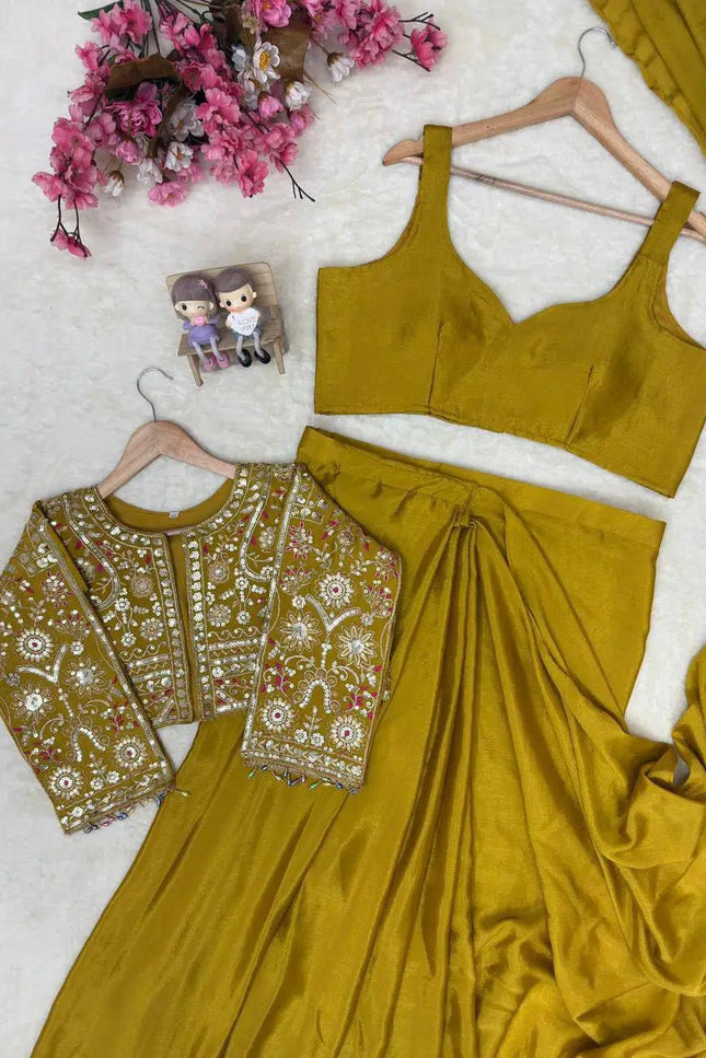Chinon Silk Embroidered Jacket Lehenga Saree Set | Wedding & Festive Wear for Women - Rosepetals Luxe