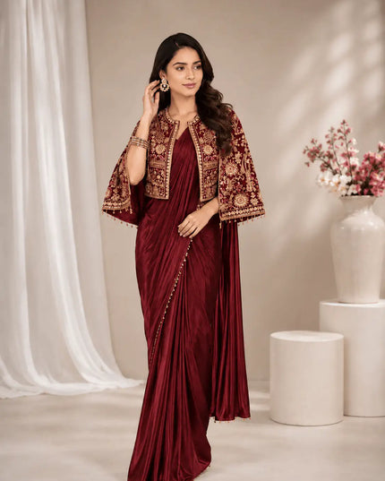 Chinon Silk Embroidered Jacket Lehenga Saree Set | Wedding & Festive Wear for Women - Rosepetals Luxe