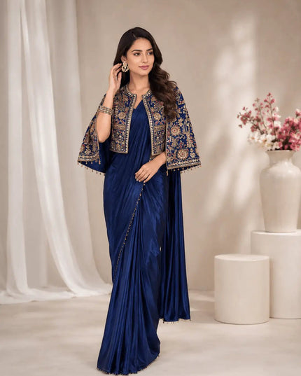 Chinon Silk Embroidered Jacket Lehenga Saree Set | Wedding & Festive Wear for Women - Rosepetals Luxe