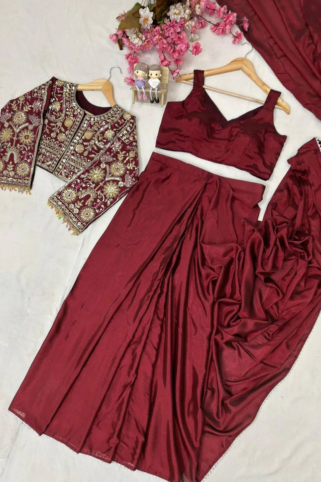 Chinon Silk Embroidered Jacket Lehenga Saree Set | Wedding & Festive Wear for Women - Rosepetals Luxe