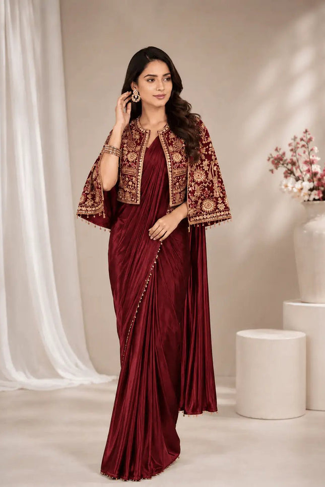Chinon Silk Embroidered Jacket Lehenga Saree Set | Wedding & Festive Wear for Women - Rosepetals Luxe
