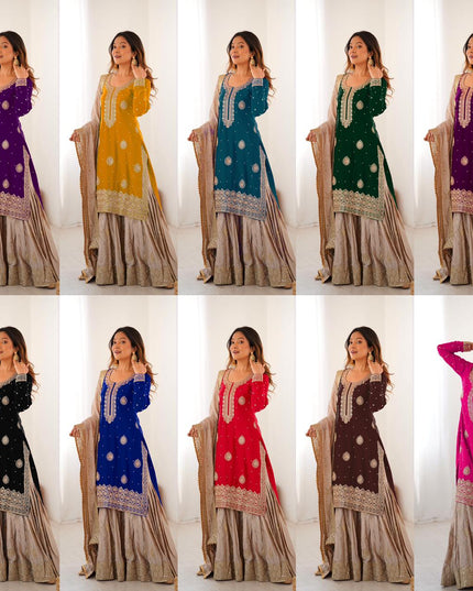 Chinon Silk Embroidered Sharara Suit Set with Dupatta - Rosepetals Luxe