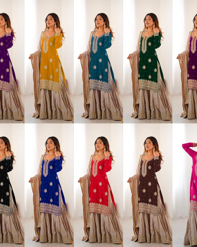 Chinon Silk Embroidered Sharara Suit Set with Dupatta - Rosepetals Luxe