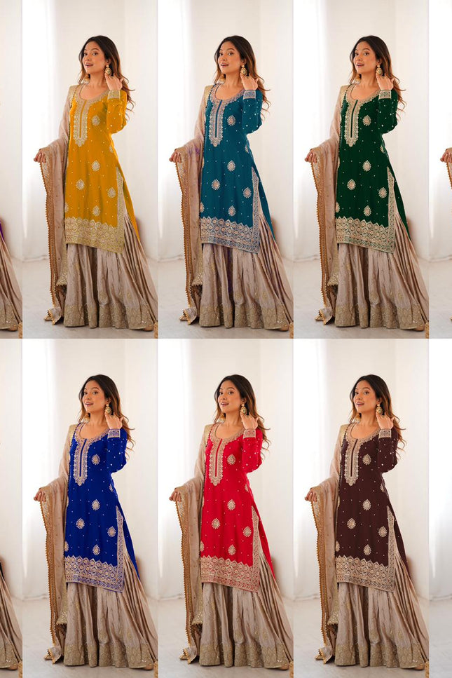 Chinon Silk Embroidered Sharara Suit Set with Dupatta - Rosepetals Luxe
