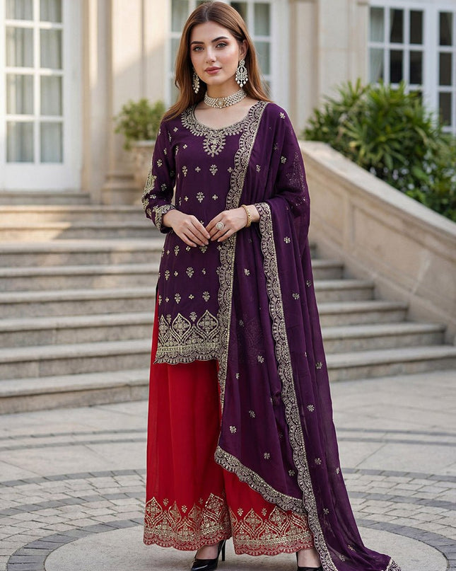 Chinon Silk Embroidery Sequence Zari Kurti Set with Dupatta and Bottom - Rosepetals Luxe