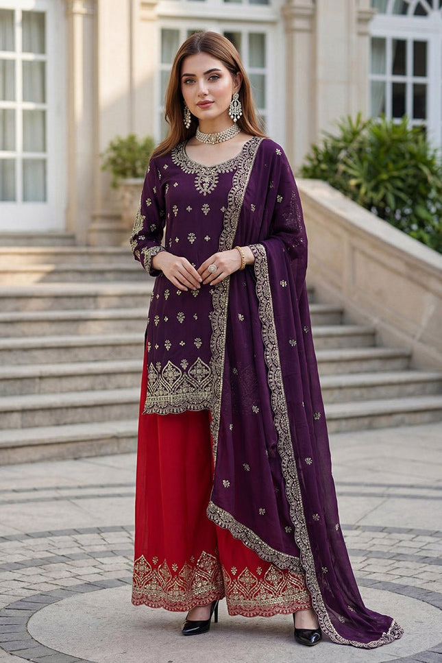 Chinon Silk Embroidery Sequence Zari Kurti Set with Dupatta and Bottom - Rosepetals Luxe