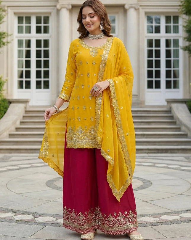 Chinon Silk Embroidery Sequence Zari Kurti Set with Dupatta and Bottom - Rosepetals Luxe