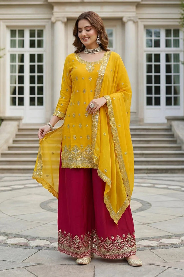 Chinon Silk Embroidery Sequence Zari Kurti Set with Dupatta and Bottom - Rosepetals Luxe