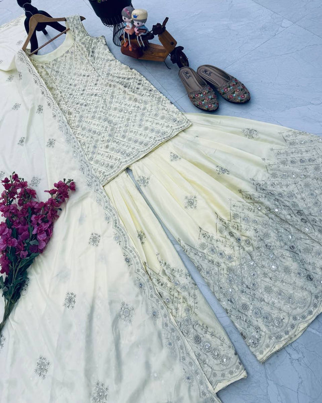 Chinon Silk Embroidery Sharara Set | 3-Piece Fully Stitched with Dupatta | Cream | M–XXL - Rosepetals Luxe