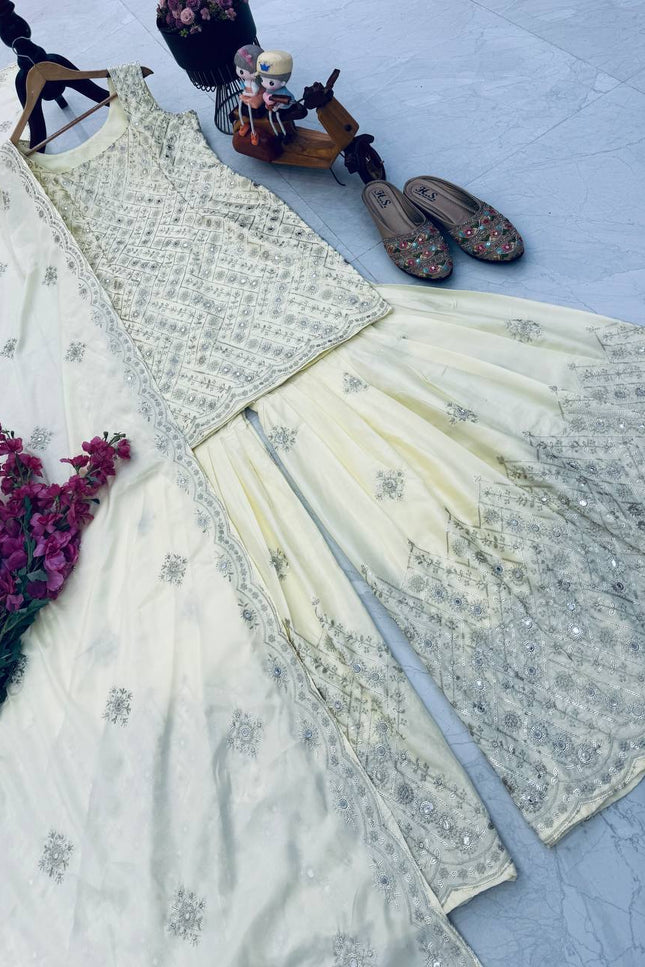 Chinon Silk Embroidery Sharara Set | 3-Piece Fully Stitched with Dupatta | Cream | M–XXL - Rosepetals Luxe