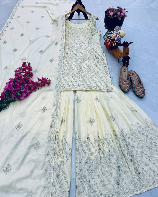 Chinon Silk Embroidery Sharara Set | 3-Piece Fully Stitched with Dupatta | Cream | M–XXL - Rosepetals Luxe
