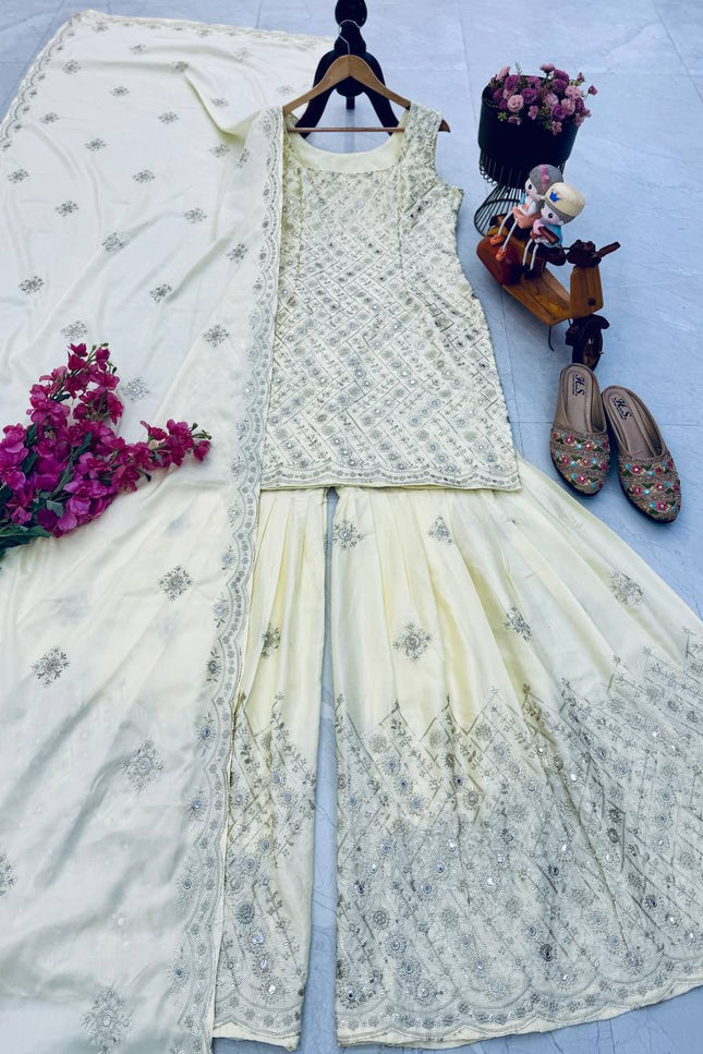 Chinon Silk Embroidery Sharara Set | 3-Piece Fully Stitched with Dupatta | Cream | M–XXL - Rosepetals Luxe