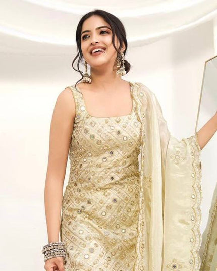 Chinon Silk Embroidery Sharara Set | 3-Piece Fully Stitched with Dupatta | Cream | M–XXL - Rosepetals Luxe