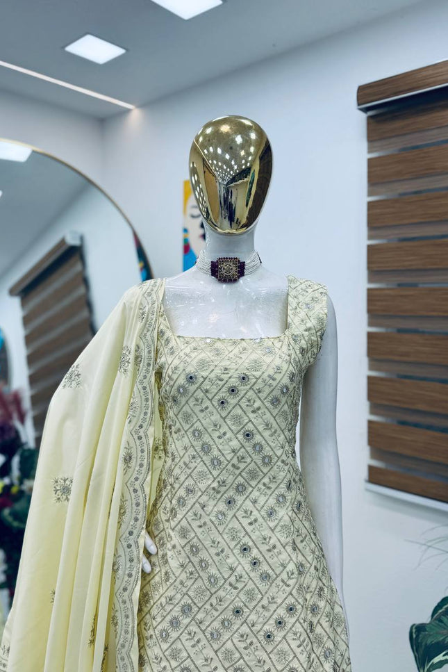Chinon Silk Embroidery Sharara Set | 3-Piece Fully Stitched with Dupatta | Cream | M–XXL - Rosepetals Luxe