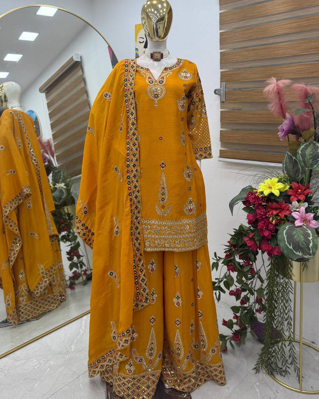 Chinon Silk Embroidery Sharara Set | Heavy Sequin Work | Fully Stitched 3-Piece | M–2XL - Rosepetals Luxe
