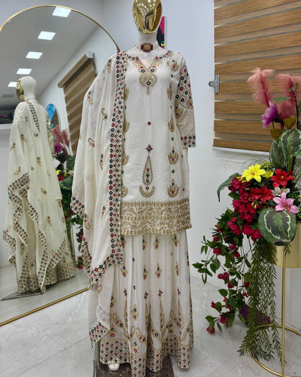 Chinon Silk Embroidery Sharara Set | Heavy Sequin Work | Fully Stitched 3-Piece | M–2XL - Rosepetals Luxe