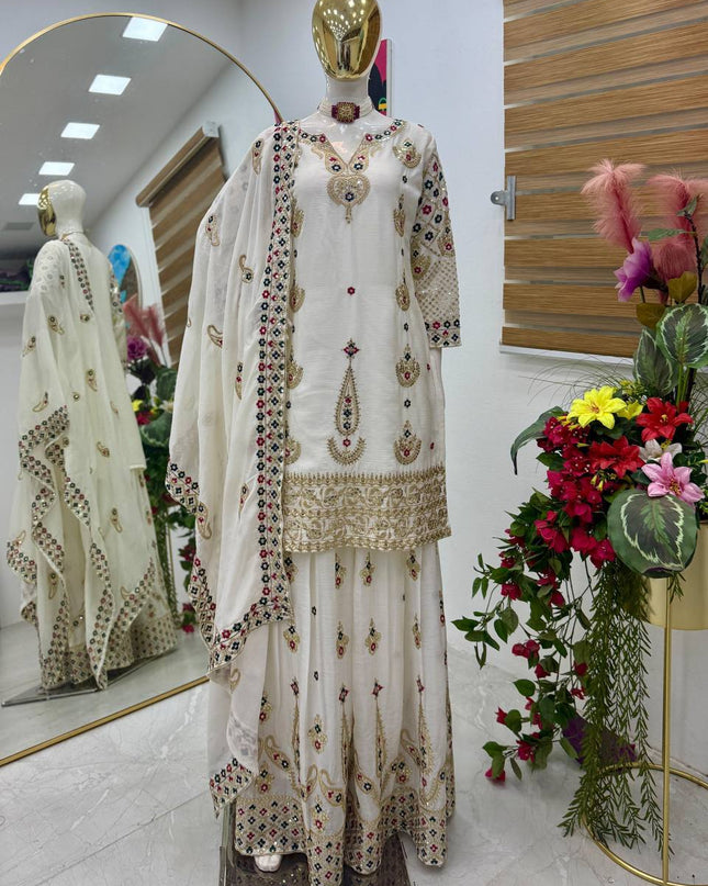 Chinon Silk Embroidery Sharara Set | Heavy Sequin Work | Fully Stitched 3-Piece | M–2XL - Rosepetals Luxe