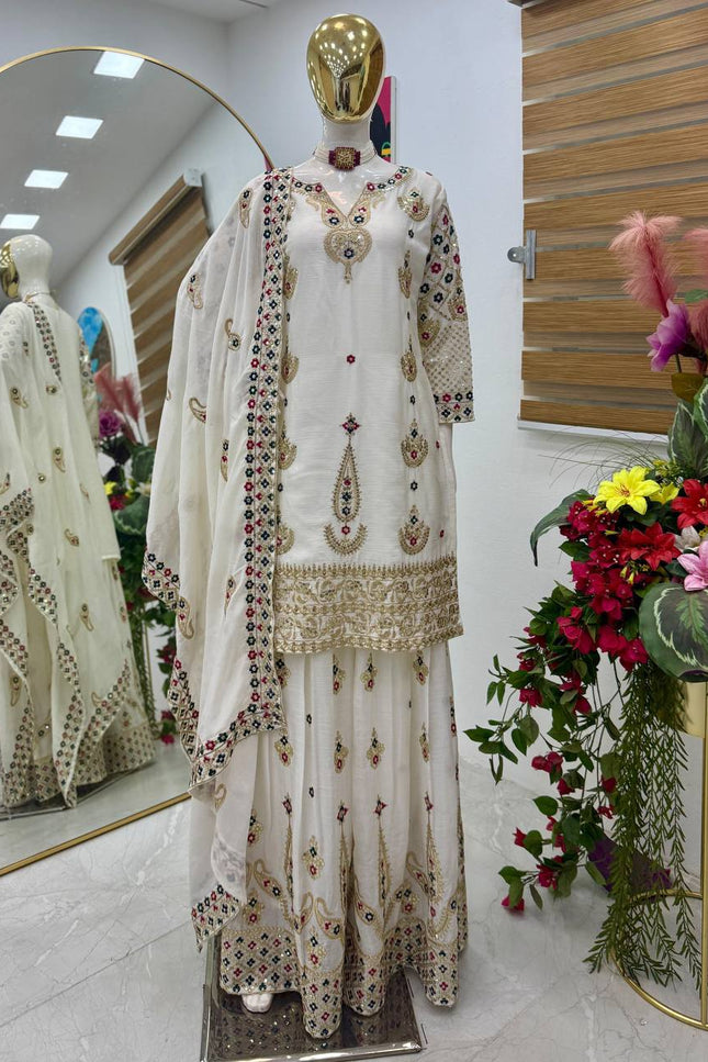Chinon Silk Embroidery Sharara Set | Heavy Sequin Work | Fully Stitched 3-Piece | M–2XL - Rosepetals Luxe