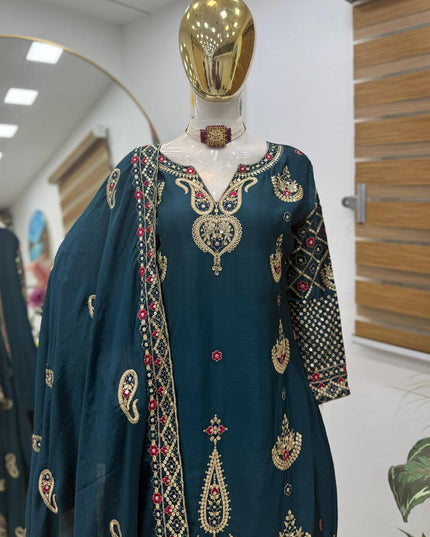 Chinon Silk Embroidery Sharara Set | Heavy Sequin Work | Fully Stitched 3-Piece | M–2XL - Rosepetals Luxe