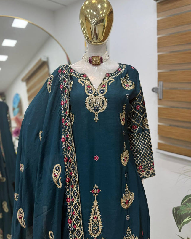 Chinon Silk Embroidery Sharara Set | Heavy Sequin Work | Fully Stitched 3-Piece | M–2XL - Rosepetals Luxe