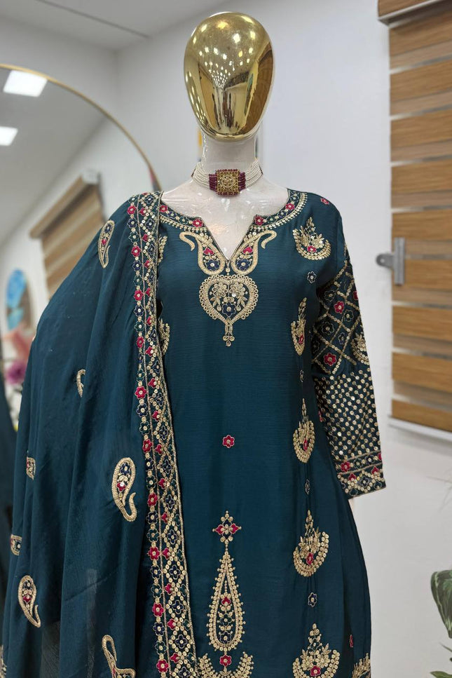 Chinon Silk Embroidery Sharara Set | Heavy Sequin Work | Fully Stitched 3-Piece | M–2XL - Rosepetals Luxe