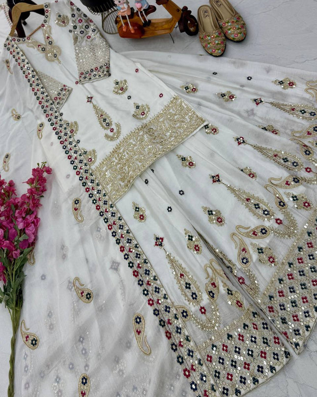 Chinon Silk Embroidery Sharara Set | Heavy Sequin Work | Fully Stitched 3-Piece | M–2XL - Rosepetals Luxe