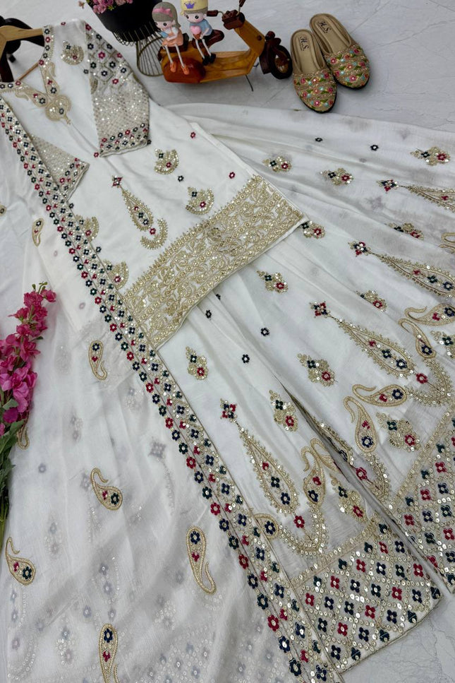 Chinon Silk Embroidery Sharara Set | Heavy Sequin Work | Fully Stitched 3-Piece | M–2XL - Rosepetals Luxe