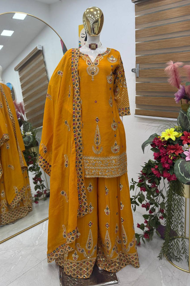 Chinon Silk Embroidery Sharara Set | Heavy Sequin Work | Fully Stitched 3-Piece | M–2XL - Rosepetals Luxe