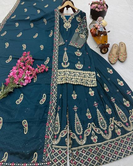 Chinon Silk Embroidery Sharara Set | Heavy Sequin Work | Fully Stitched 3-Piece | M–2XL - Rosepetals Luxe