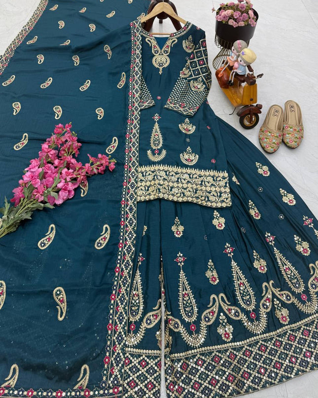Chinon Silk Embroidery Sharara Set | Heavy Sequin Work | Fully Stitched 3-Piece | M–2XL - Rosepetals Luxe