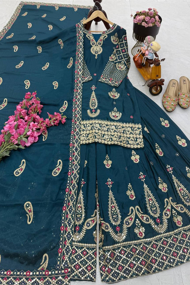 Chinon Silk Embroidery Sharara Set | Heavy Sequin Work | Fully Stitched 3-Piece | M–2XL - Rosepetals Luxe